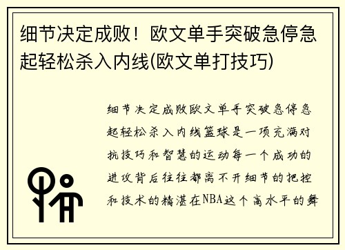 细节决定成败！欧文单手突破急停急起轻松杀入内线(欧文单打技巧)