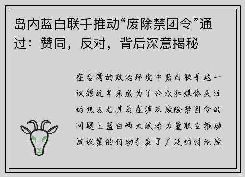 岛内蓝白联手推动“废除禁团令”通过：赞同，反对，背后深意揭秘
