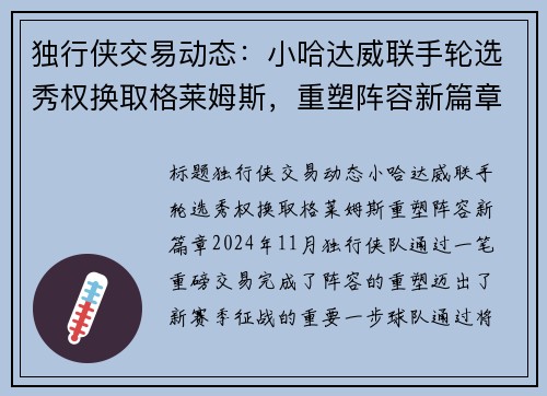 独行侠交易动态：小哈达威联手轮选秀权换取格莱姆斯，重塑阵容新篇章
